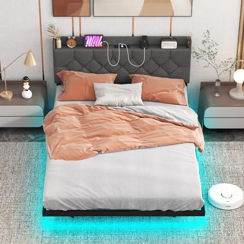 Letto Matrimoniale Galleggiante con LED, Ricarica USB e Testiera Regolabile COSTWAY