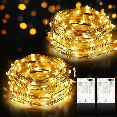 Luci LED a Batteria, 2 x 12M Lucine LED Decorative, 120 LED Luci Stringa Impermeabile Esterno Interno Luci LED Stringa per Parete Camera Balcone Giardino Natale Feste Matrimonio - Bianco Caldo