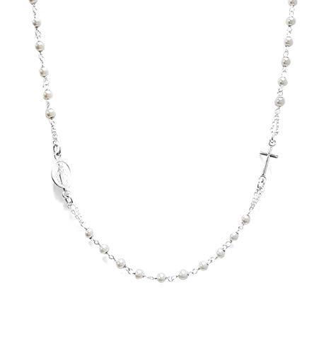 Linea Italia Gioielli - Collana Rosario Girocollo in Argento 925 con Perline Bianche, Croce e Medaglietta Madonna - Made In Italy
