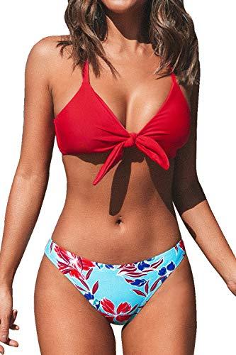Bikini Cupshe Donna Rosso a Stampa Floreale Regolabile con Nodo - Taglia M