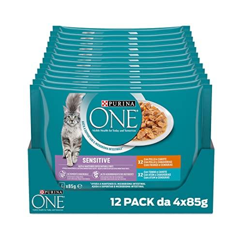 PURINA ONE Sensitive Filettini in Salsa per Gatti Adulti con Pollo, Tonno e Carote - 48 Buste da 85g