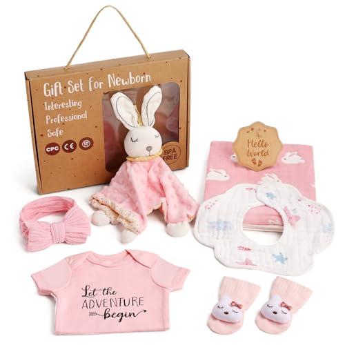 Lictin Set Regalo Neonato per Bambini e Bambine-neonata femmina regali,Regali Nascita con bavaglini, coperta di sicurezza per coniglietti, calzini, pietre miliari in legno, ecc. regali per bambine.