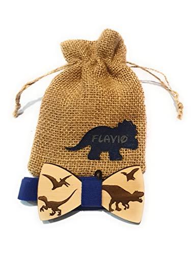 Papillon in legno con dinosauri - perfetto per eventi e feste eleganti o come regalo - con sacchettino personalizzato