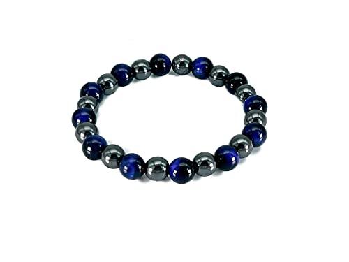 Bracciale Occhio di Tigre Blu e Ematite Elastico 19 cm