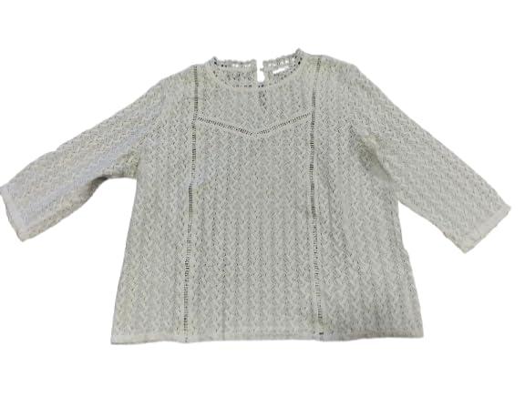 Generico Maglia Donna in Pizzo Bianco, Maniche a 3/4, Stile Vintage con Dettagli Traforati
