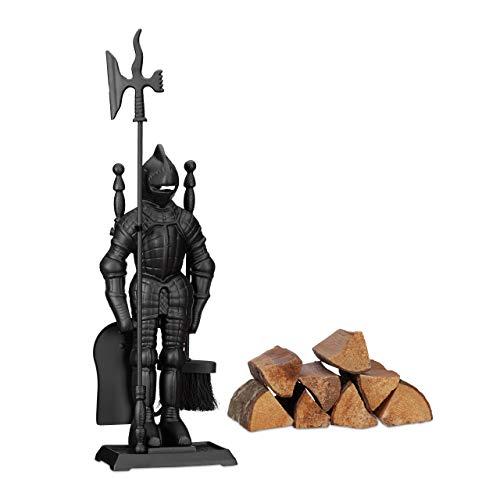 Relaxdays Accessori da Camino con Cavaliere, Set da 4, in Ghisa, Nero