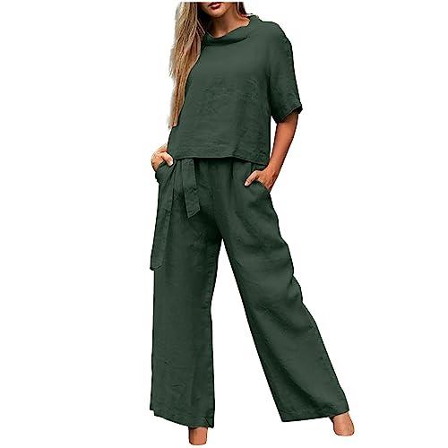 Set Lino Estivo Tuta Donna di Grandi Dimensioni Estate Set da 2 Pezzi e Pantaloni Lunghi con Coulisse Set di Due Pezzi di Lino e Cotone Leggero Confortevole da Casa Manica Corta T Shirt + Pantaloni