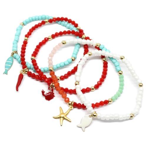 Bracciale Elastico da Donna con Corallini o Cristalli Colorati e Ciondolo a Tema Marino