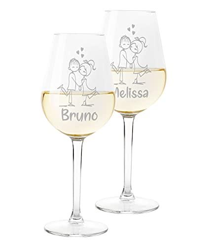 Colorfamily Coppia Calici Personalizzati Set da 2 calici Vino Personalizzati con Nome Innamorati Disegno - Bicchiere in Vetro 500 ml