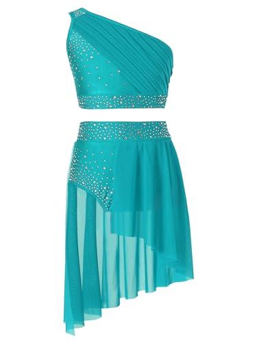 HULIJA Bambina Vestito da Ballo Latino Americano con Strass Senza Manica Crop Top Abito da Pattinaggio Leotards da Ginnastica Blu Verde 13-14 Anni