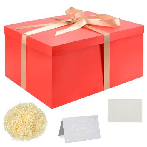Set Scatola Regalo, Scatole Regalo Rosso con Coperchi 38 x 28 x 19 cm Scatola Regalo Grande con Nastro Biglietti Auguri Carta Velina Tagliuzzata per Natale Compleanno Matrimonio
