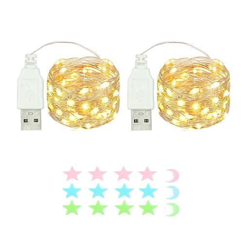 MUXIJIA 2 x luce stringa LED, 20 x LED 2M / 6.6Ft esterno/interno alimentatore USB impermeabile per camera da letto, cortile, matrimonio, Natale, fai da te, ecc. (Bianco caldo)