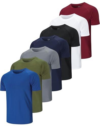 Cimic 7 Pezzi Maglietta Uomo Manica Corta - Set Sportivo Traspirante per Palestra, Trekking e Running (Navy Blue White Red, M)