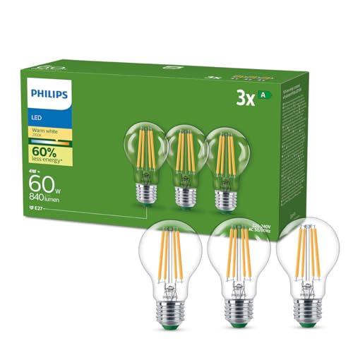 Philips Ultra Efficient - Lampadine LED E27, 60W Equivalenti, A60, Luce Bianca Calda, Confezione da 3, Trasparenti