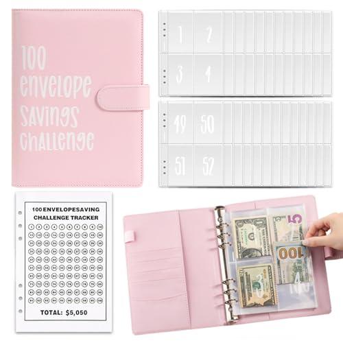 100 Envelope savings challenge, Libro del risparmio A5, Challenge del risparmio, Libro risparmio soldi, Agenda risparmio soldi con buste, Risparmio facile e divertente di 5050€ (Rosa)