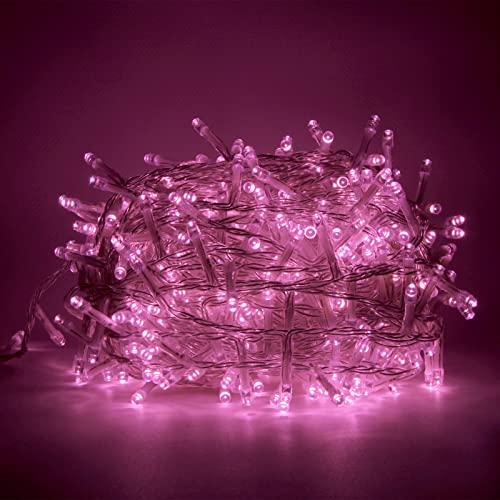 Luccika serie stringa luminosa di luci da 5 Metri con 100 Led Rosa per albero di Natale da Esterno ed Interno controller 31V con 8 giochi di luce e Memoria cavo trasparente