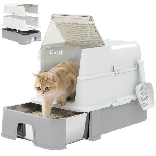 PawHut Lettiera Gatto Chiusa XL in Acciaio Inox con Coperchio 68L Grigio