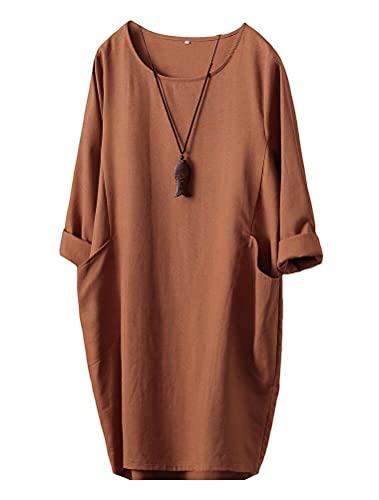 FTCayanz Donna Vestito Tunica T-Shirt Lino Abito Manica Lunga Mini Sciolto Elegante Arancia XL