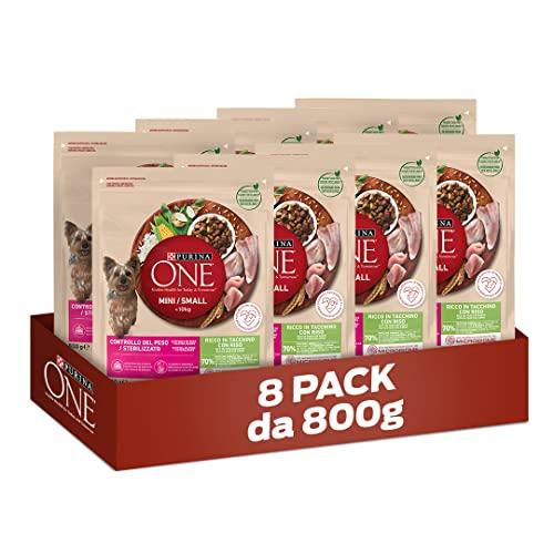 Purina One Mini < 10 kg Controllo del Peso Crocchette per Cani di Piccola taglia Ricco in Tacchino con Riso, 8 Confezioni da 800 g