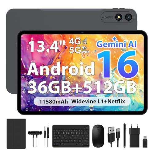 WOREGOO Tablet Android 16, 13.4 Pollici, 36GB RAM, 512GB ROM, 4G LTE, 5G WiFi, Tastiera e Mouse Inclusi