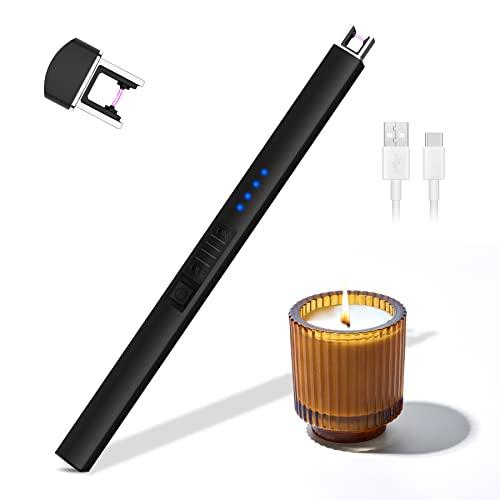 Rouclo Accendino Elettrico USB Ricaricabile Con Indicatore Batteria, Lungo per Candele, Arco Elettrico per Stufe, Barbecue, Campeggio (Nero)