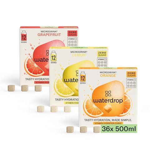 Waterdrop® Set Microdrink, Arancia, Limone e Pompelmo, 36 cubetti effervescenti senza zucchero per aromatizzare l'acqua, Estratti di frutta e piante, Acqua Aromatizzata, infusione a freddo