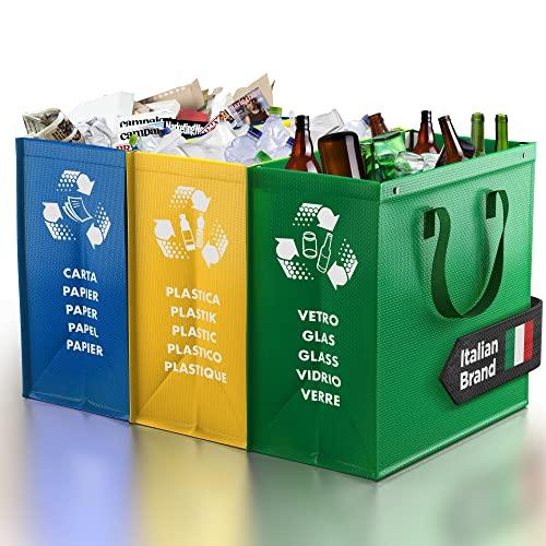 PTMS® Borse Raccolta Differenziata - 3 Bidoni per Carta, Plastica e Vetro