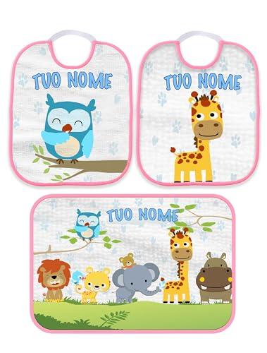 Set Asilo Personalizzato Animali della Foresta Bordo Rosa - Bavaglini e Asciugamano con Nome
