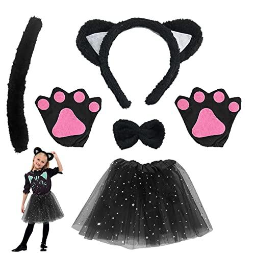 TSHAOUN Gatto Cosplay Set, Costume Giochi Gatto Peluche Artiglio Guanti Gattino Orecchie Coda e Fiocco Tutu per Dress Up Carino Costume Party Decoration Set