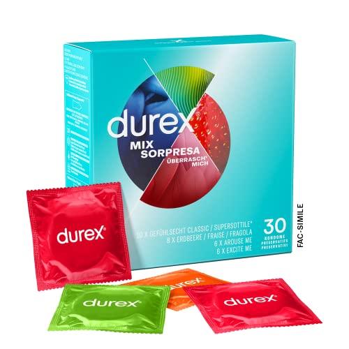 Durex Mix Sorpresa, Preservativi Sottili e Preservativi con Rilevi e Nervature, 30 Profilattici