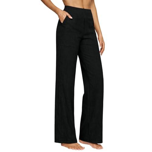 Pantaloni Donna Estivi in Cotone e Lino Eleganti Elastico Vita Alta Pantaloni Donna Larghi Curvy Leggeri e Comodi a Gamba Larga Casual Yoga Pantalone Gamba Dritta con Tasche per Business Ufficio