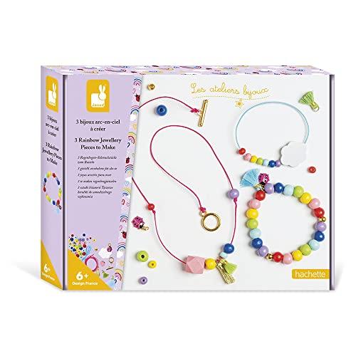 Janod - Set 3 Gioielli Arcobaleno Fai-Da-Te - 2 Bracciali e 1 Collana - Les Ateliers Bijoux - Attività Creativa Bambini - Manualità e Concentrazione - Vernice ad Acqua - Dai 6 Anni, J07936