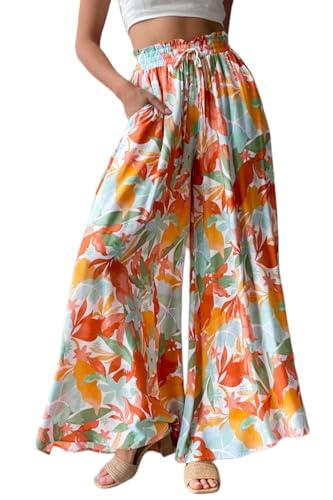 ROFUSSO Pantaloni Donna Palazzo Casual e Leggeri Pantaloni Estivi Elastici a Vita Alta Pantaloni Eleganti in Tessuto Tinta Unita con Tasche(A-Rosso,XL)