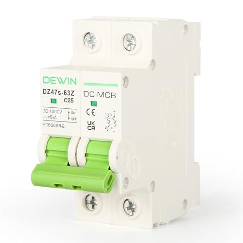 DEWIN Interruttore Miniaturizzato DC 1000V 25A Interruttore Magnetotermico CC Miniaturizzato Interruttore Fotovoltaico CC,Protezione da Sovraccarico e Cortocircuito per Sistema Solare Fotovoltaico