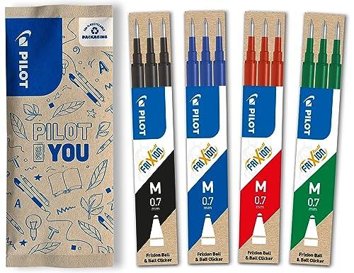 Pilot FriXion, 4 set da 3 Ricariche per penna cancellabile Frixion Ball e Frixion Ball Clicker, Colore blu, nero, rosso, verde, Punta Media