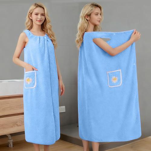 Asciugamano avvolgente per spa, asciugamano da bagno lungo al ginocchio, con tasca, in morbido velluto corallo, 99 x 129,5 cm, blu