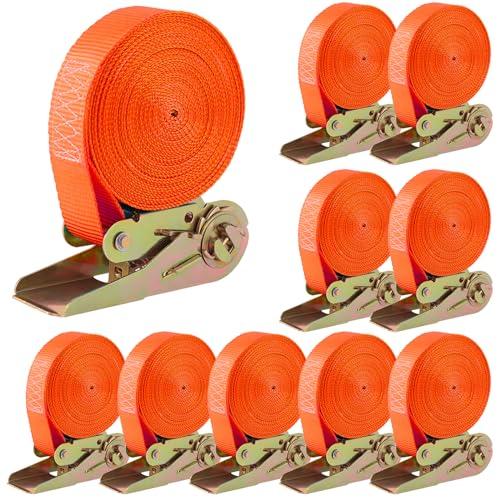 Set da 10 Cinghie di Tensione con Cricchetto, 6m x 25mm, 800kg - Arancione