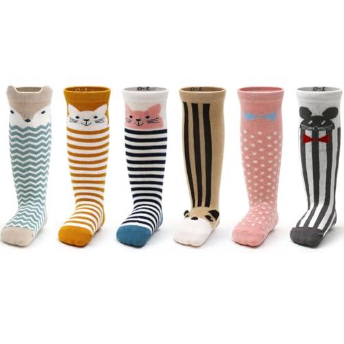 FedMois 6 paia calzini lunghi antiscivolo al ginocchio in cotone per bambini (1-3 anni), fantasia animali