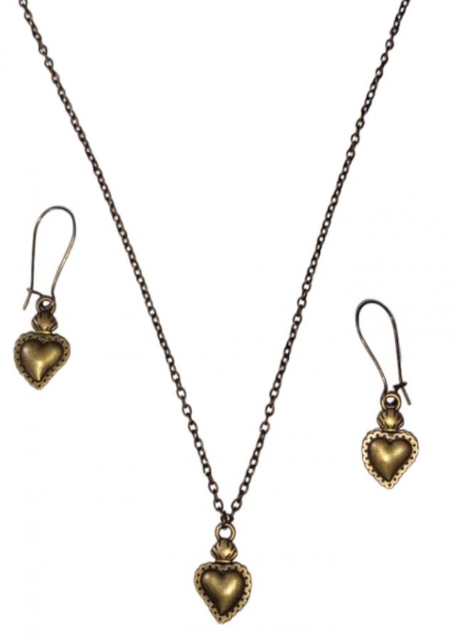 Set Parure Cuore Sacro Bronzo: Orecchini e Collana Artigianali