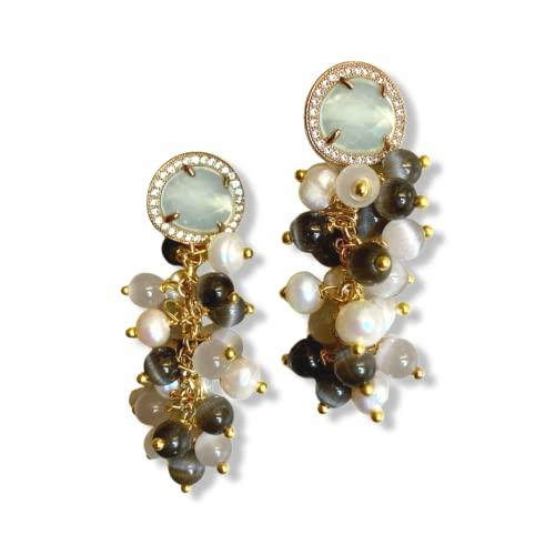 Eleganti Orecchini in Pietre Dure Grigie e Perline