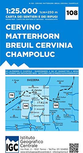Carta n. 108 Cervino Matterhorn, Breuil Cervinia, Champoluc 1:25.000. Carta dei sentieri e dei rifugi: IGC Wanderkarte