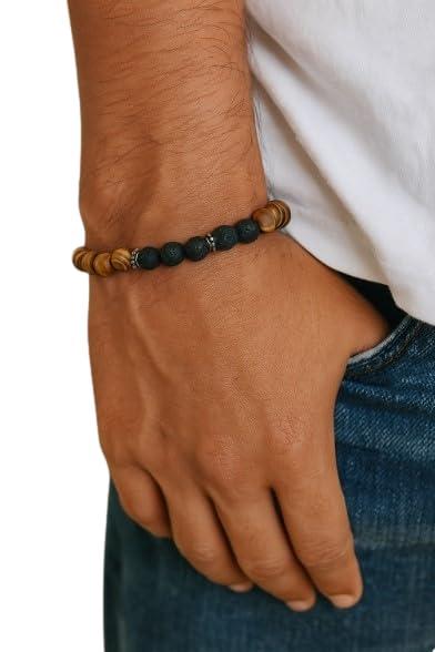 Bracciale da Uomo in Pietra Lavica e Legno con Distanziatori in Metallo
