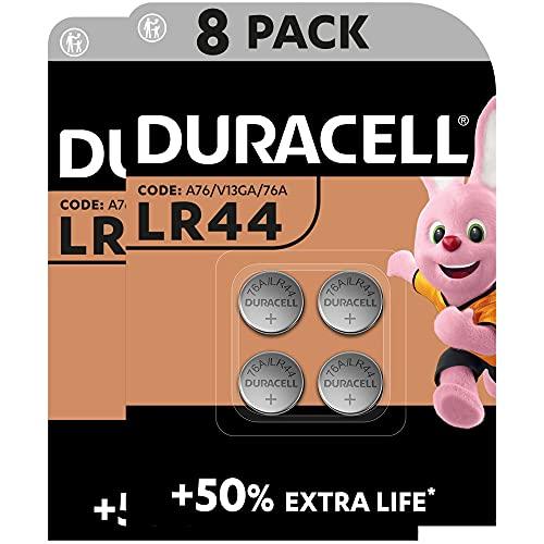 Batterie DURACELL LR44 (confezione da 8) (A76) Pile alcaline specialistiche da 1,5 V – +50% EXTRA DURATA– Per l’utilizzo in termometri digitali, calcolatrici, torce, orologi da polso