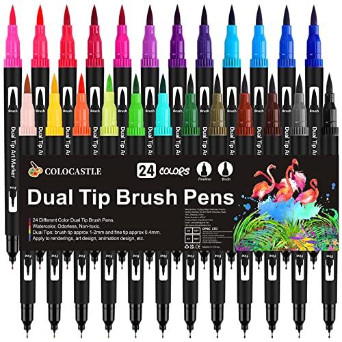 Brush Pen Lettering 24 Colori Pennarelli Punta Fine 0,4 mm e 1-2mm Punta Brush, Penne da Colorare ad Acquerello per Adulti Bambino Bullet Journal, Lettering, Calligrafia, Colorare e Disegnare