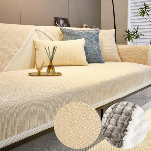 Funnyfuzzy - Copridivano a righe, in ciniglia, antigraffio, a spina di pesce, in ciniglia, 90 x 160 cm, colore: beige
