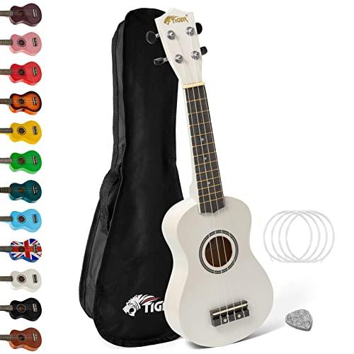 Tiger Ukulele Soprano Bianco per Principianti con Borsa, Corde di Ricambio e Plettro