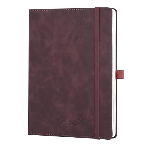 POPRUN Agenda Settimanale 2026 22 x 16,5 cm, 1 Pagina a Settimana con 1 Pagina di Appunti, Nastro segnalibro, Copertina Morbida in Pelle PU, Carta Spessa da 100 GSM, Bordeaux Scuro