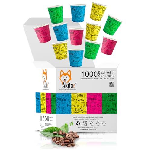 AKITAInk 1000 Bicchierini caffè, Bicchieri Caffè di Carta Monouso Biodegradabili, Biocompostabili Tazzine da 75 ml Bicchierini da Caffè Usa e Getta Ecosostenibili