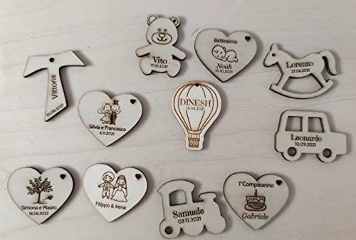 Artigianeria - Set di 10 (o più) pezzi in legno incisi a laser e personalizzati con nome e data. Ideale come bomboniera fai da te o segnaposto per matrimonio, promessa, comunione, battesimo, cresima