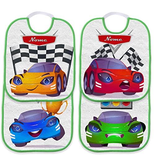 Set Asilo 4 Bavaglini Personalizzati Cars Macchinine Gara Bordo Verde